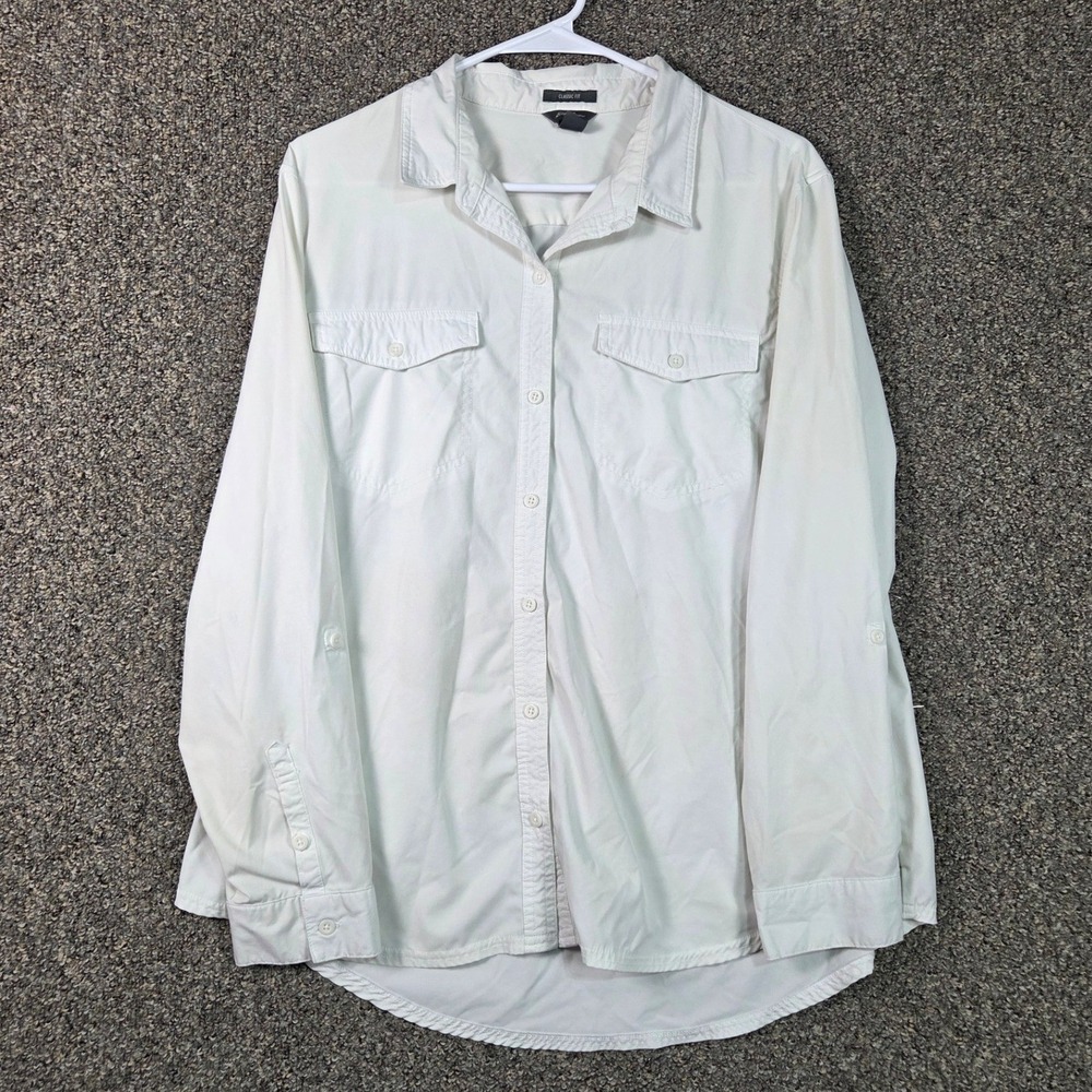 Eddie Bauer Button Down Shirt Women XL Off White Classic Fit Long Sleeve Pockets